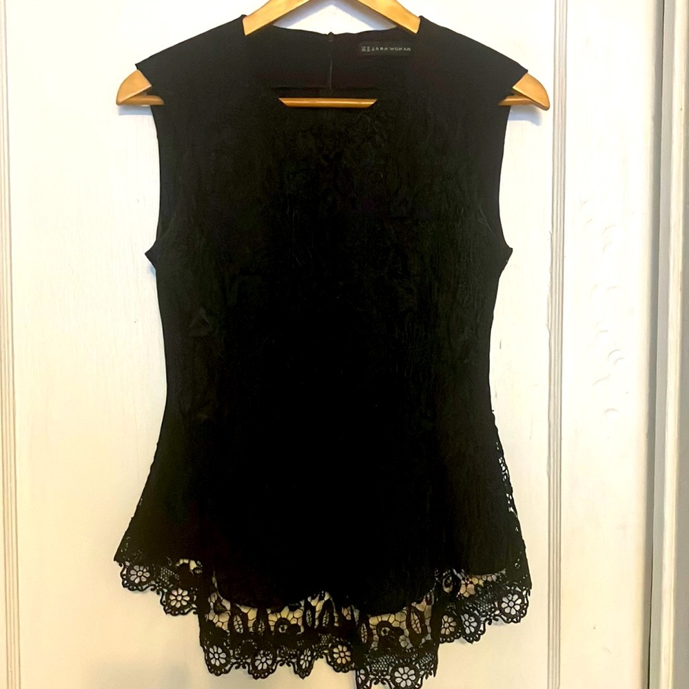🖤 ZARA Woman Black Lace Fitted Sleeveless Top. Sz Euro M. 🖤